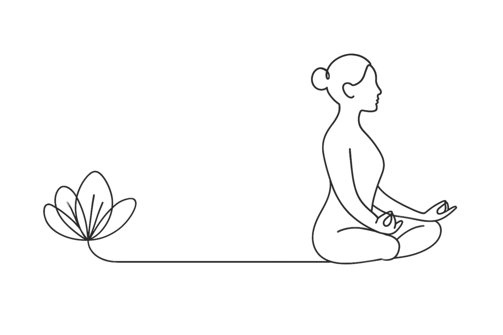 Silueta continua de mujer meditando que se transforma en una flor Udumbara, símbolo de espiritualidad y renacimiento
