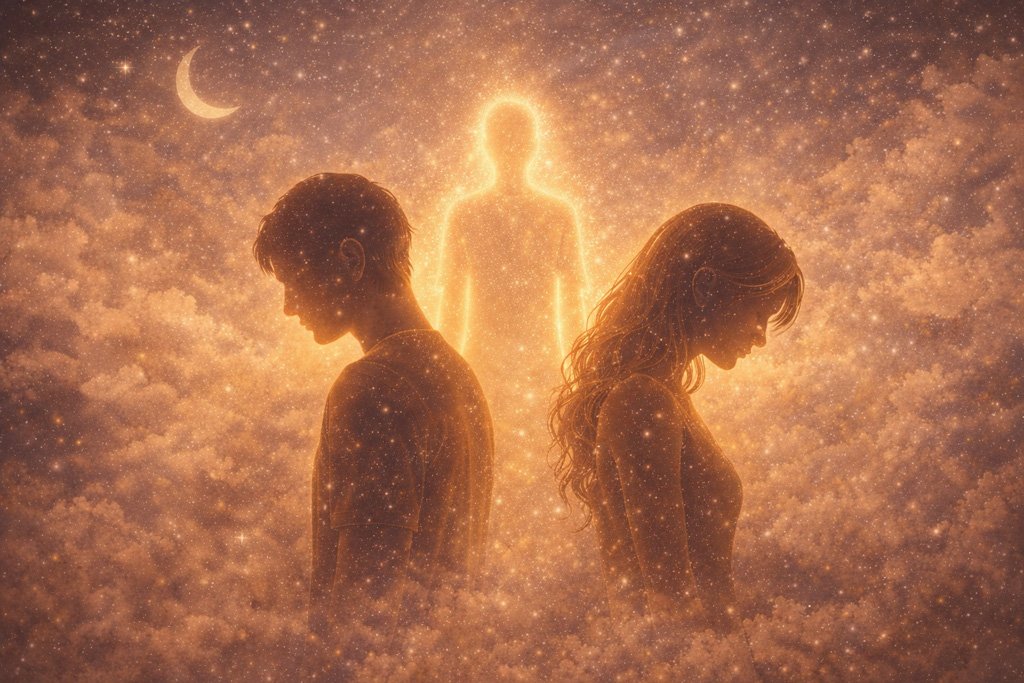 Dos personas de espaldas entre sí con una figura luminosa al centro, simbolizando un vínculo que no termina de definirse por la presencia de un contrato activo