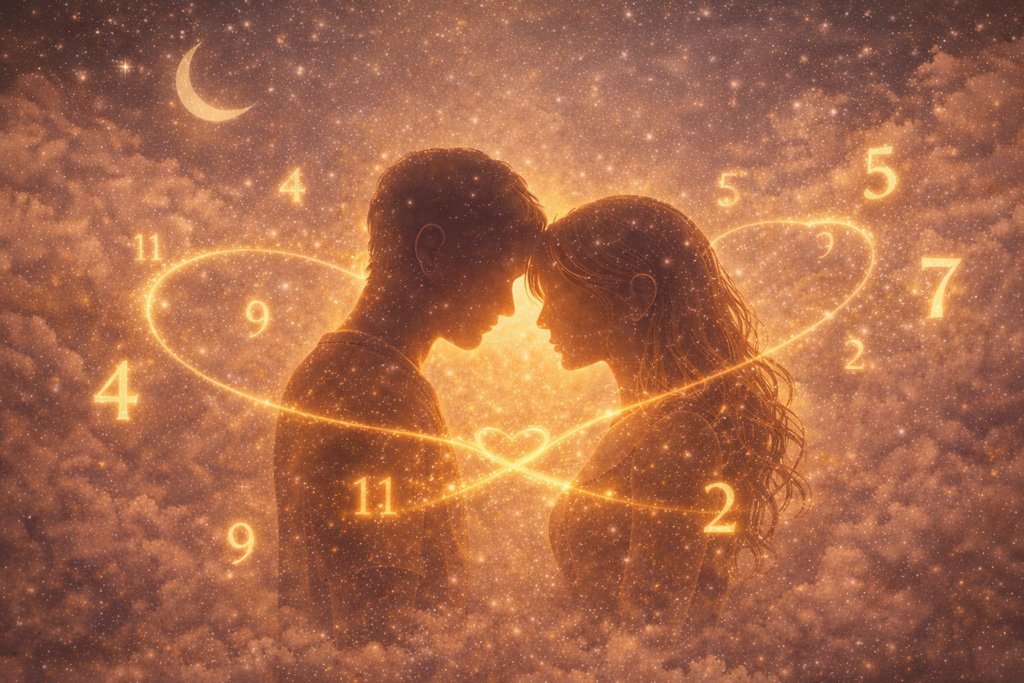 Dos personas frente a frente rodeadas de números luminosos, simbolizando la energía y el propósito compartido de una relación desde la numerología de pareja