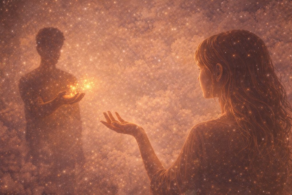 Una mujer extiende la mano hacia una figura masculina difusa que ofrece una luz tenue, representando una relación sostenida desde la espera y la falta de reciprocidad